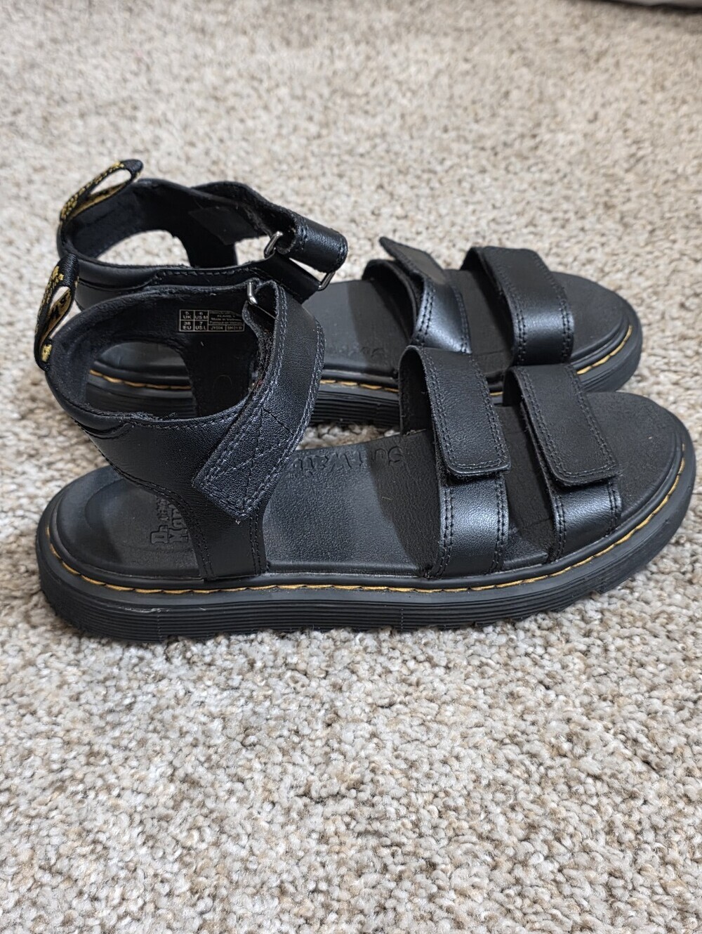 Dr. Martens Black Leather Velcro Strap Sandals with Yellow Stitching